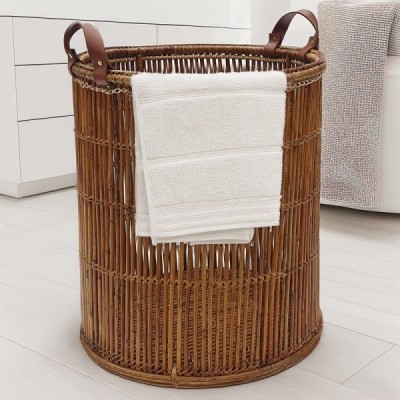 2023-01-1964 -  CORE POLE ROUND SURIN LAUNDRY BASKET WITH LEATHER HANDLES DIRECT FROM FACTORY EXPORTER IN ASIA TO IMPORTERS