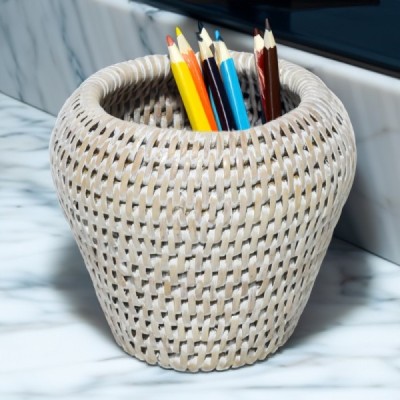 2024-01-3098 -  WHITE WASHED RATTAN PEN POT DIRECT FROM FACTORY EXPORTER IN ASIA TO IMPORTERS