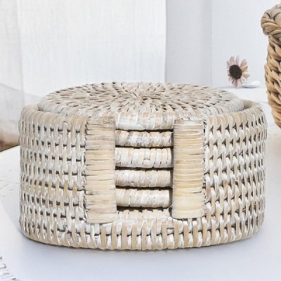 RD-0013-0053-W -  RATTAN 6 ROUND COASTERS WITH STORAGE BOX DIRECT FROM FACTORY EXPORTER IN ASIA TO IMPORTERS