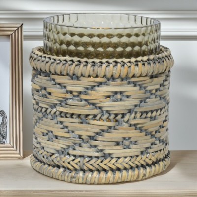 2024-04-3317 -  THE MEDIUM GREY DIAMOND RATTAN LED CANDLE HOLDER.