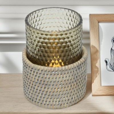 2024-04-3321 -  LARGE LOW EMROIDERY CANDLE HOLDERWITH GLASS INSERT - GREY DIRECT FROM FACTORY EXPORTER IN ASIA TO IMPORTERS