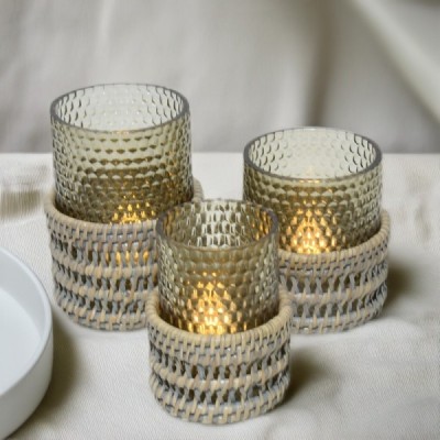 2024-04-3328 -  LARGE CASTLE WOVEN LED CANDLE HOLDER WITH GLASS INSERT - GREY DIRECT FROM FACTORY EXPORTER IN ASIA TO IMPORTERS