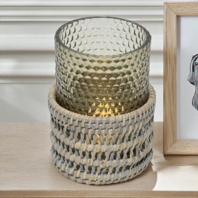 2024-04-3329 -  MEDIUM CASTLE WOVEN LED CANDLE HOLDER WITH GLASS INSERT - GREY DIRECT FROM FACTORY EXPORTER IN ASIA TO IMPORTERS