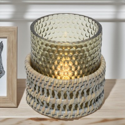 2024-04-3330 -  SMALL CASTLE WOVEN LED CANDLE HOLDER WITH GLASS INSERT - GREY DIRECT FROM FACTORY EXPORTER IN ASIA TO IMPORTERS