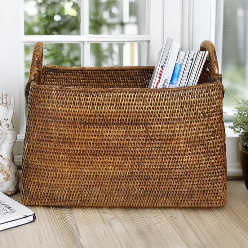 Vintage Burmese Hand-Woven Rattan over Wood Basket Hamper