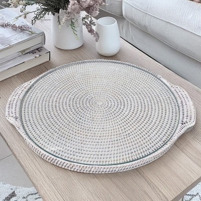 2018-001-117 - RATTAN WHITE ROUND CHEESE TRAY LARGE WITH GLASS DIRECT FROM FACTORY EXPORTER IN ASIA TO IMPORTERS 2018-001-117 - RATTAN WHITE ROUND CHEESE TRAY LARGE WITH GLASS DIRECT FROM FACTORY EXPORTER IN ASIA TO IMPORTERS