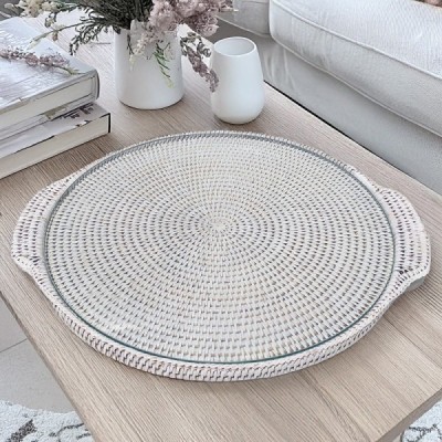 2018-001-117 -  RATTAN WHITE ROUND CHEESE TRAY LARGE WITH GLASS DIRECT FROM FACTORY EXPORTER IN ASIA TO IMPORTERS