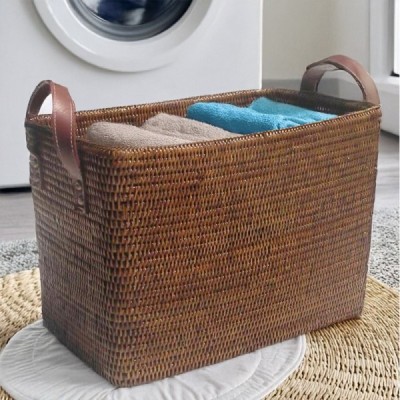 LEATHER-2 -  RATTAN MAGAZINE BASKET WITH LEATHER HANDLE DIRECT FROM FACTORY EXPORTER IN ASIA TO IMPORTERS