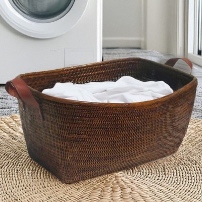 LEATHER-9 - RATTAN FAMILY BASKET (SMALL) WITH LEATHER HANDLE DIRECT FROM FACTORY EXPORTER IN ASIA TO IMPORTERS LEATHER-9 - RATTAN FAMILY BASKET (SMALL) WITH LEATHER HANDLE DIRECT FROM FACTORY EXPORTER IN ASIA TO IMPORTERS