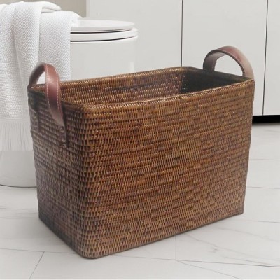 LEATHER-2 -  RATTAN MAGAZINE BASKET WITH LEATHER HANDLE DIRECT FROM FACTORY EXPORTER IN ASIA TO IMPORTERS