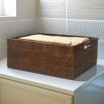 LA-35 -  RATTAN STORAGE BASKET WITH WOODEN HANDLES (MEDIUM) DIRECT FROM FACTORY EXPORTER IN ASIA TO IMPORTERS