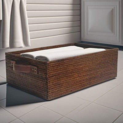 LEATHER-3 -  RATTAN STORAGE BASKET  WITH LEATHER HANDLE DIRECT FROM FACTORY EXPORTER IN ASIA TO IMPORTERS