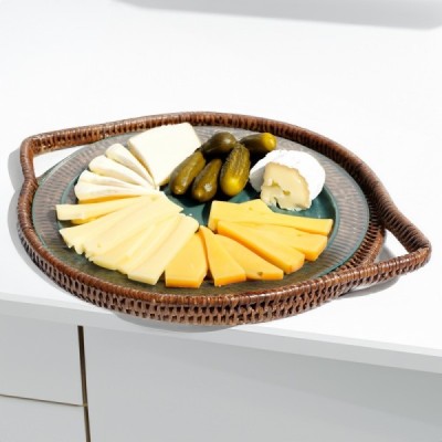 2023-07-2737 -  RATTAN ROUND CHEESE TRAY WITH GLASS INSERT DIRECT FROM FACTORY EXPORTER IN ASIA TO IMPORTERS