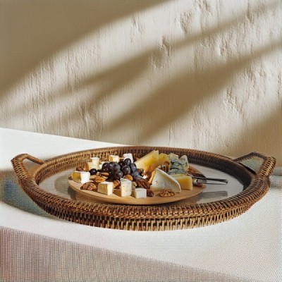 2018-001-139 -  RATTAN CHEESE TRAY WITH GLASS AND WING HANDLES DIRECT FROM FACTORY EXPORTER IN ASIA TO IMPORTERS