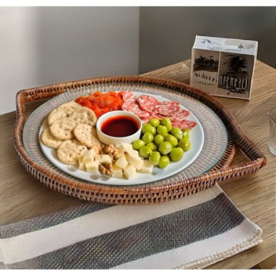 2019-03-1144 -  RATTAN ROUND CHEESE TRAY WITH HANDLES AND GLASS INSERT DIRECT FROM FACTORY EXPORTER IN ASIA TO IMPORTERS