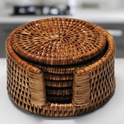 2014-009-0771 -  RATTAN 6 ROUND COASTERS WITH STORAGE BOX DIRECT FROM FACTORY EXPORTER IN ASIA TO IMPORTERS