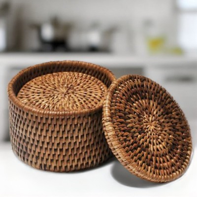 2014-009-0772 -  ROUND RATTAN HOLDER WITH LID AND 6 COASTERS DIRECT FROM FACTORY EXPORTER IN ASIA TO IMPORTERS