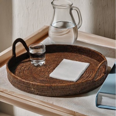 2014-002-0607 -  RATTAN ROUND TRAY WITH CURVED HANDLE