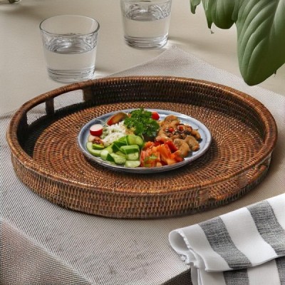 2014-011-0825 -  RATTAN ROUND DRINKS TRAY WITH INSERT HANDLES DIRECT FROM FACTORY EXPORTER IN ASIA TO IMPORTERS