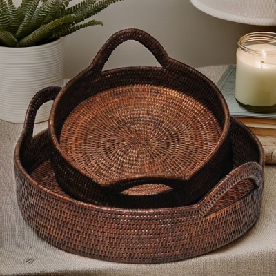 2014-011-0848 -  RATTAN 2 PIECE SET OF ROUND TRAYS WITH EAR HANDLES DIRECT FROM FACTORY EXPORTER IN ASIA TO IMPORTERS