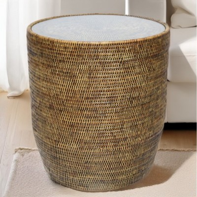 2024-06-3454 -  RATTAN DRUM SIDE TABLE WITH GLASS TOP DIRECT FROM FACTORY EXPORTER IN ASIA TO IMPORTERS