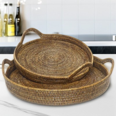 2023-01-2120 -  RATTAN ROUND TRAY WITH CURVED HANDLE