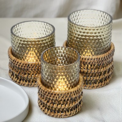 2024-04-3289 -  LARGE CASTLE WOVEN LED CANDLE HOLDER WITH GLASS RESIN INSERT DIRECT FROM FACTORY EXPORTER IN ASIA TO IMPORTERS