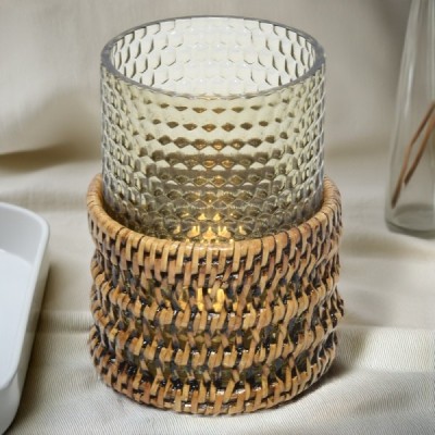 2024-04-3290 -  MEDIUM CASTLE WOVEN LED CANDLE HOLDER WITH GLASS RESIN INSERT DIRECT FROM FACTORY EXPORTER IN ASIA TO IMPORTERS