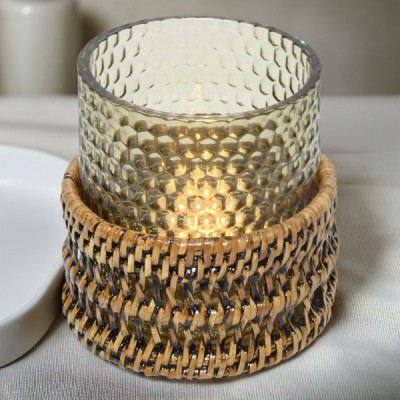 2024-04-3291 -  SMALL CASTLE WOVEN LED CANDLE HOLDER WITH GLASS RESIN INSERT DIRECT FROM FACTORY EXPORTER IN ASIA TO IMPORTERS