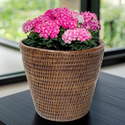 PLAN-34 -  RATTAN SMALL ROUND PLANT POT WITH STEEL INSERT BASE DIRECT FROM FACTORY EXPORTER IN ASIA TO IMPORTERS