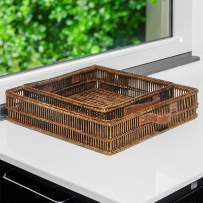 RD-0013-0088 -  RATTAN THAI SURIN COLLECTION TRAY SET WITH LEATHER HANDLES DIRECT FROM FACTORY EXPORTER IN ASIA TO IMPORTERS